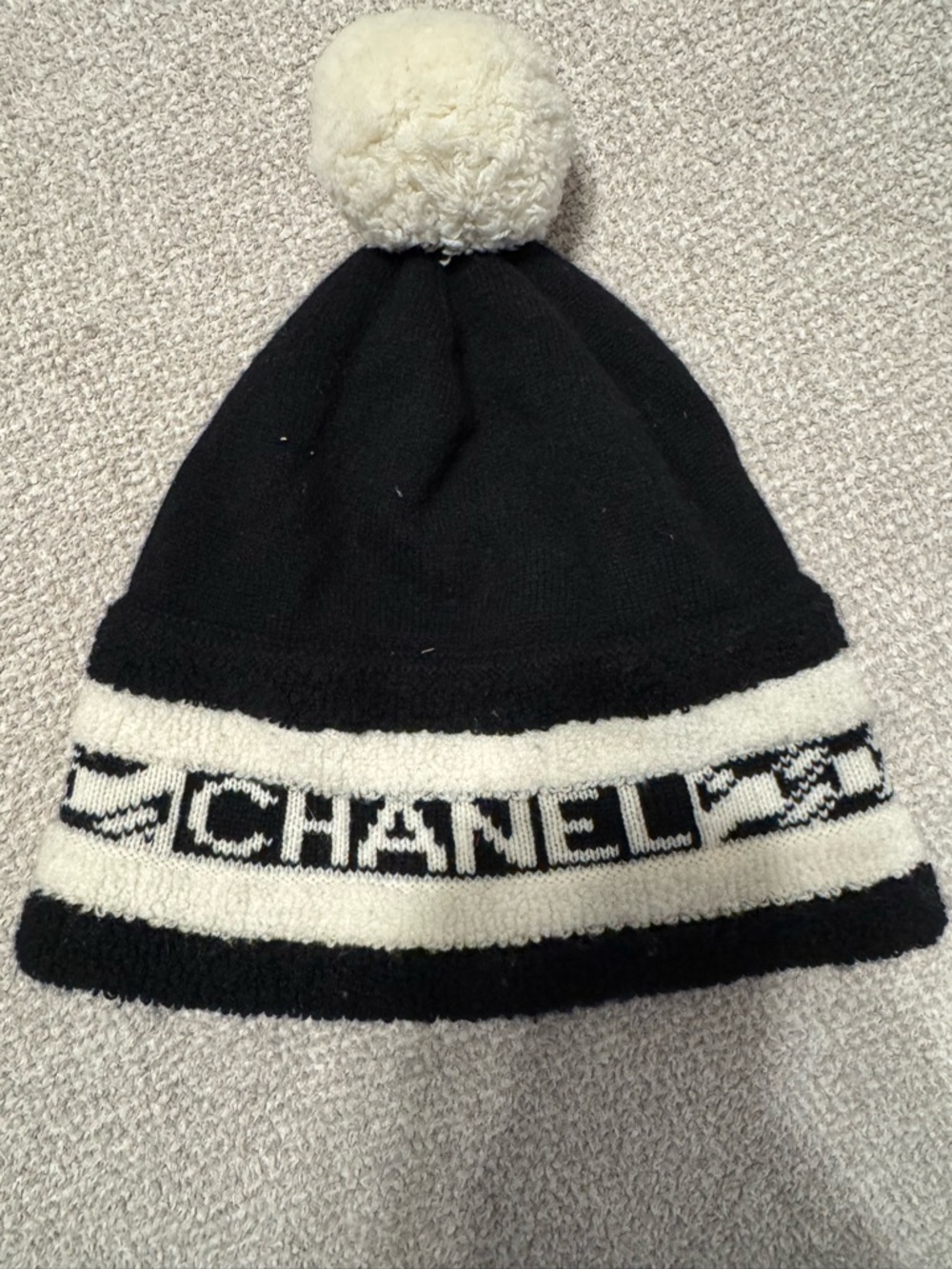 CHANEL Black and Cream Pom-Pom Logo Knit Beanie - Picture 2 of 3